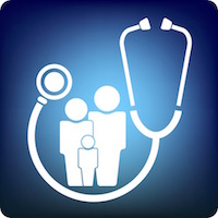 Icon figures of a family of three with a large stethoscope next to them